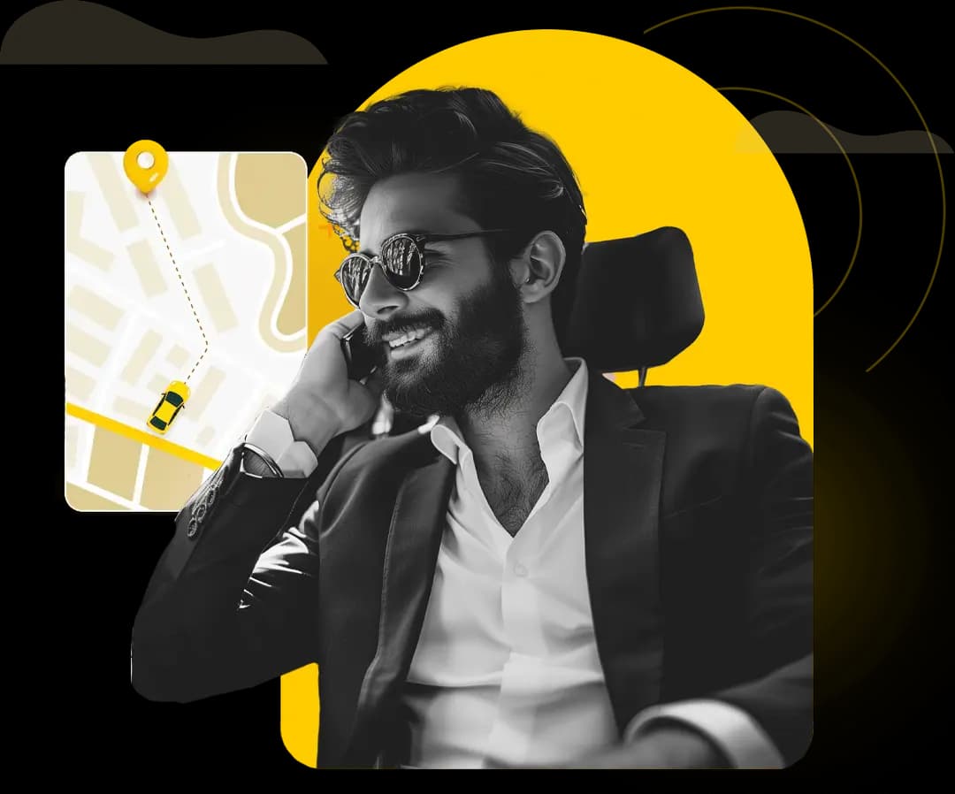 imagen eventos donde se ve a un chico con traje hablando por teléfono dentro del taxi
