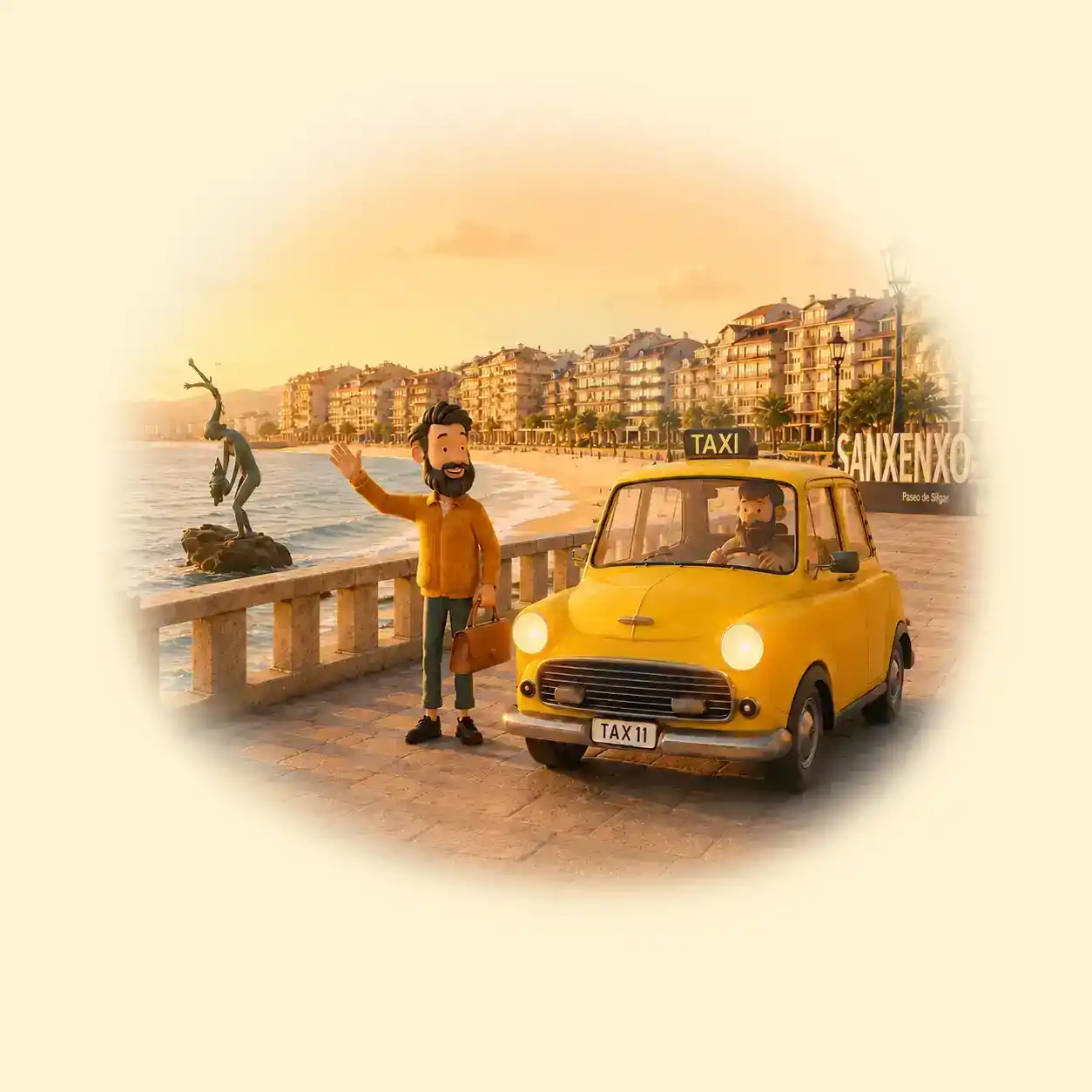 Ilustración personaje 3d cogiendo un taxi